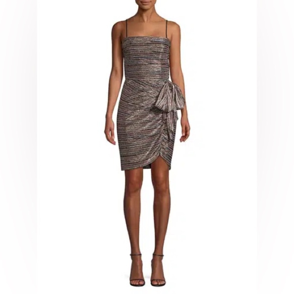 Rebecca Vallance Bellagio Metallic Stripe Ruched Mini Dress Pink Gold US 6